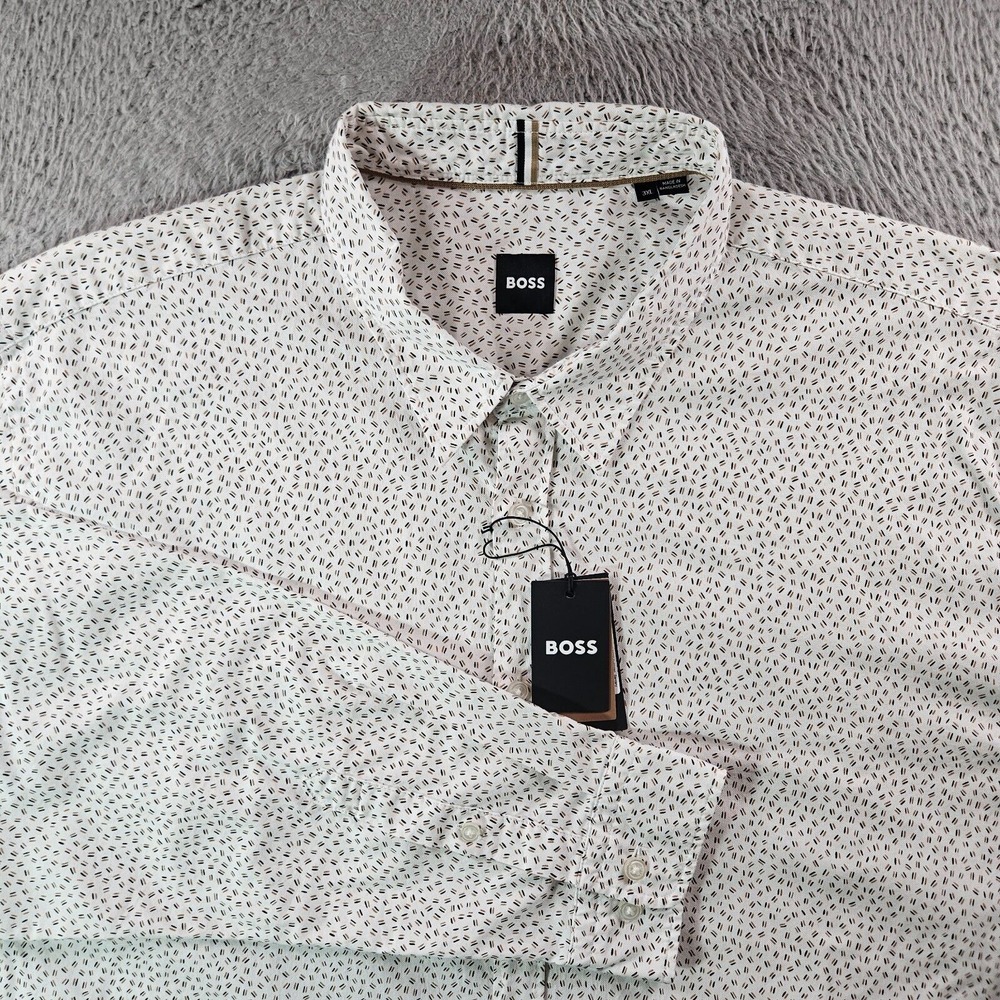$138 NWT Boss Hugo Boss Button Shirt Men 3XL Geometric Long‎ Sleeve White Cotton